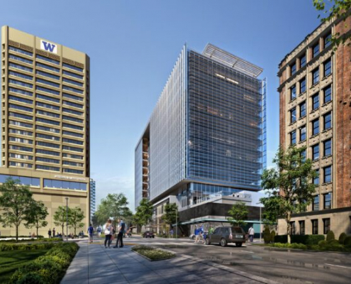 Artist’s rendering of the new U District Station Building (center) which will stand across Brooklyn Ave. NE from the UW Tower. Lincoln Property Company